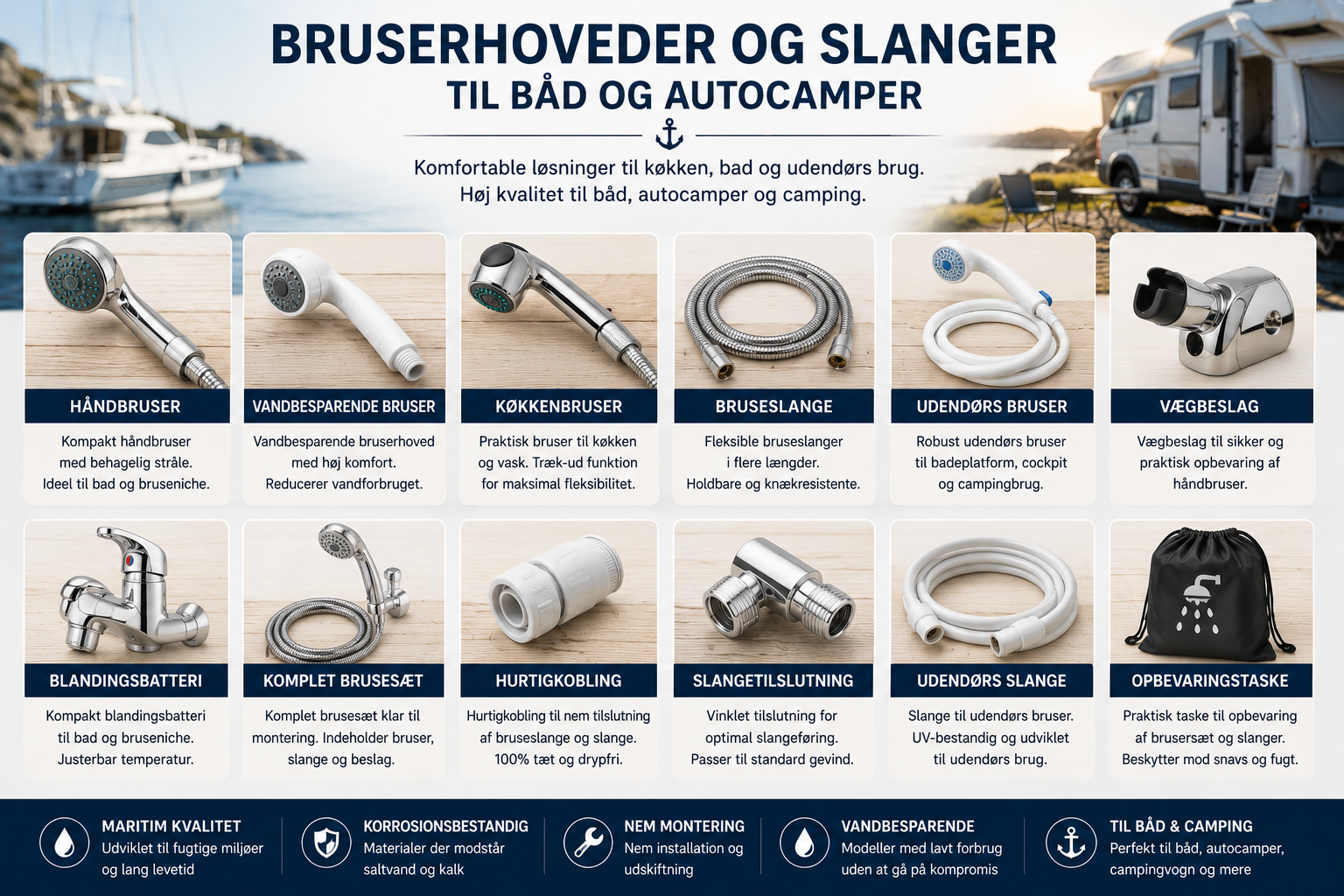 Bruserhoveder og slanger til båd, autocamper og camping