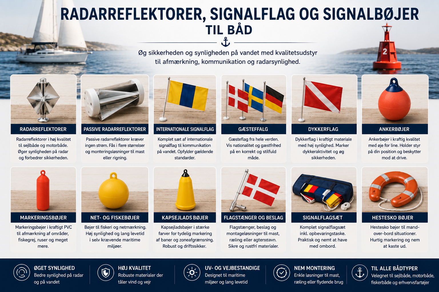 Radarreflektorer, signalflag og signalbøjer til båd