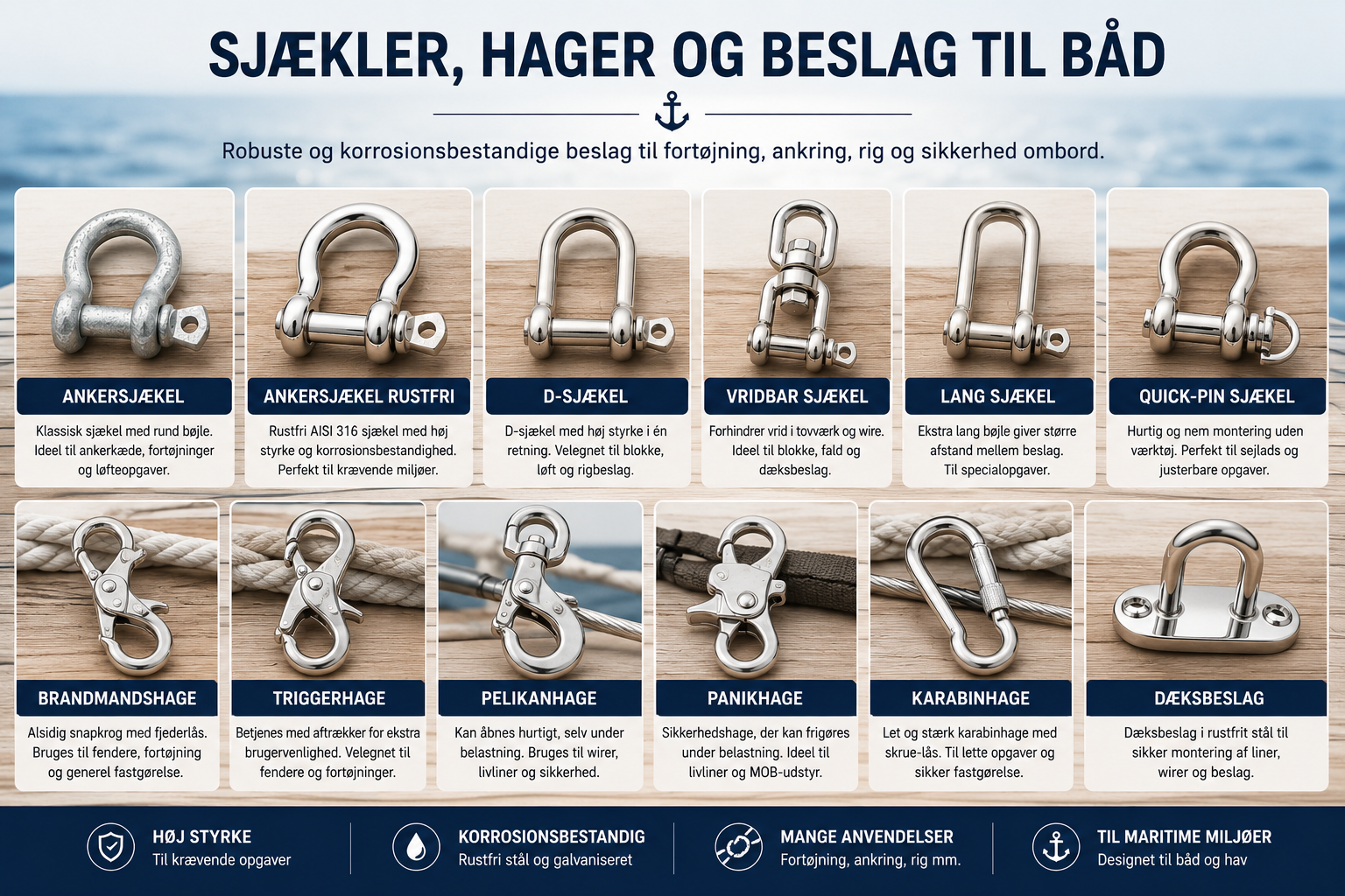 Sjækler, karabinhager og beslag til båd