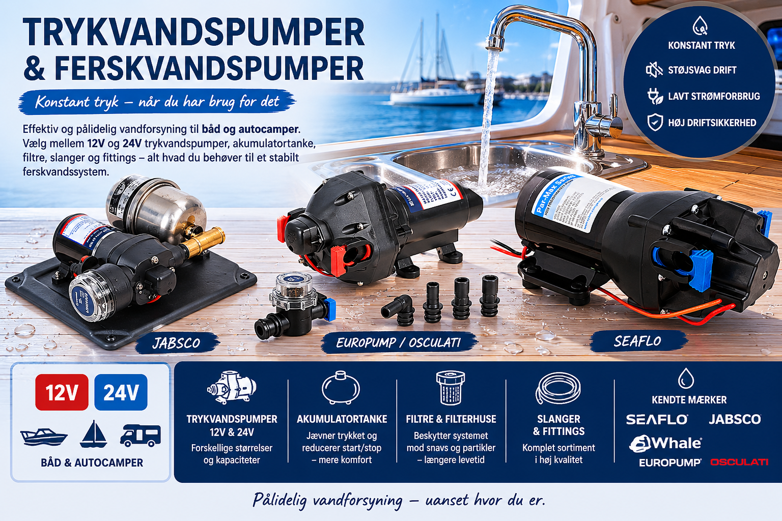 Trykvandspumper og ferskvandspumper til båd og autocamper