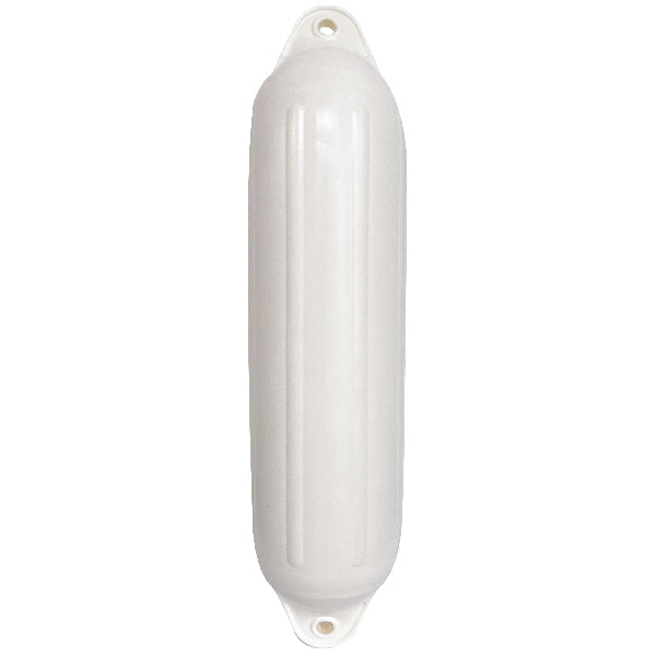 fender i hvid farve, monteret på en båd ved kaj