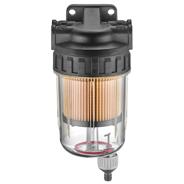 Fuel filter 10 micron, black aluminum top, clear with drain.