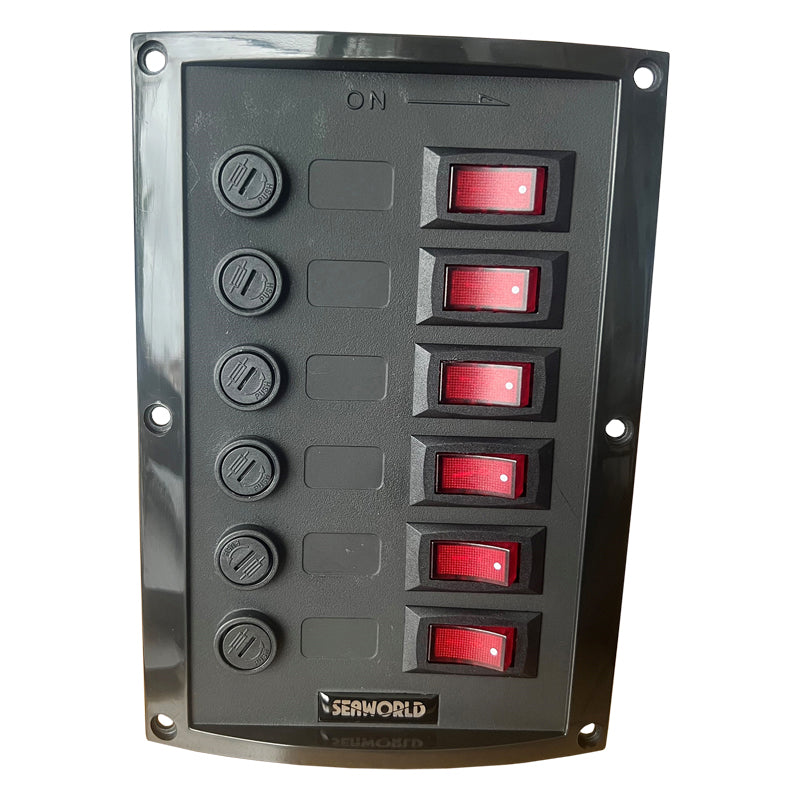 Schalttafel mit 6 Steckdosen vertikal, schwarzer Kunststoff, max. 37 A, 114 x 165 mm