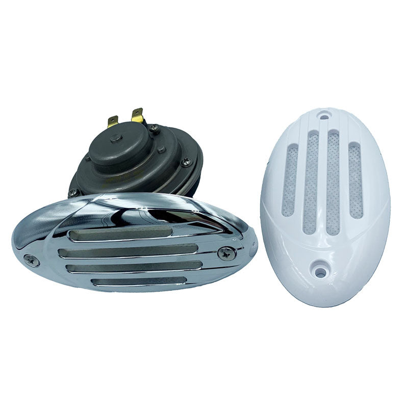 Horn indbygning 12V hvid/krom