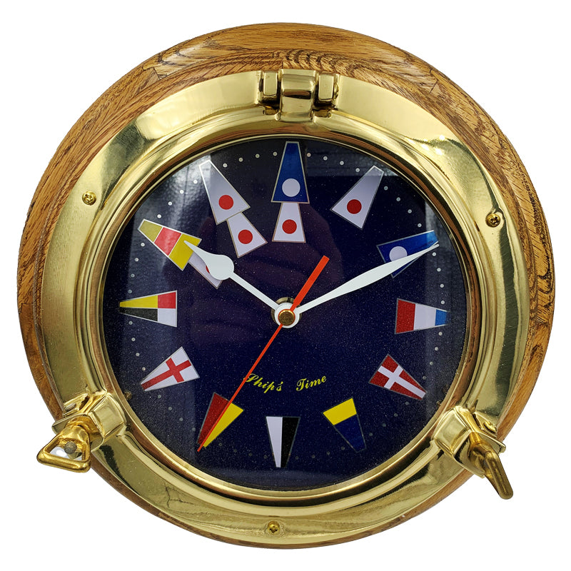 Schiffsuhr mit Flagge auf Teakholzrahmen Messing 152 mm *