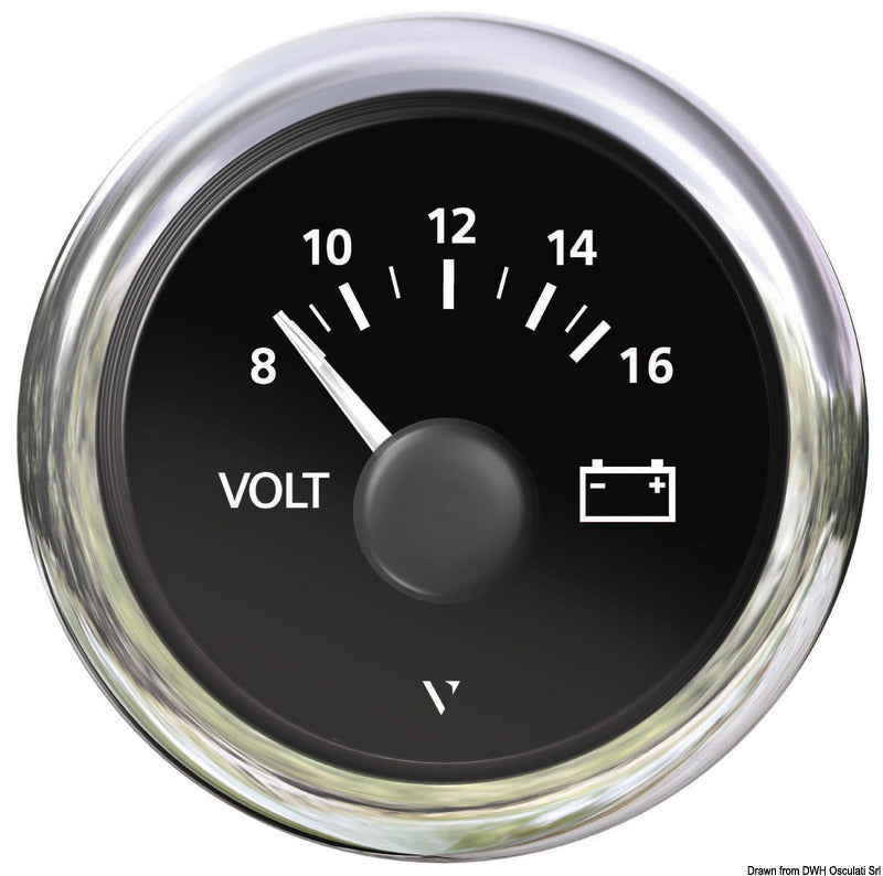 Voltmeter 8/16 V sort 52 mm til båd og autocamper