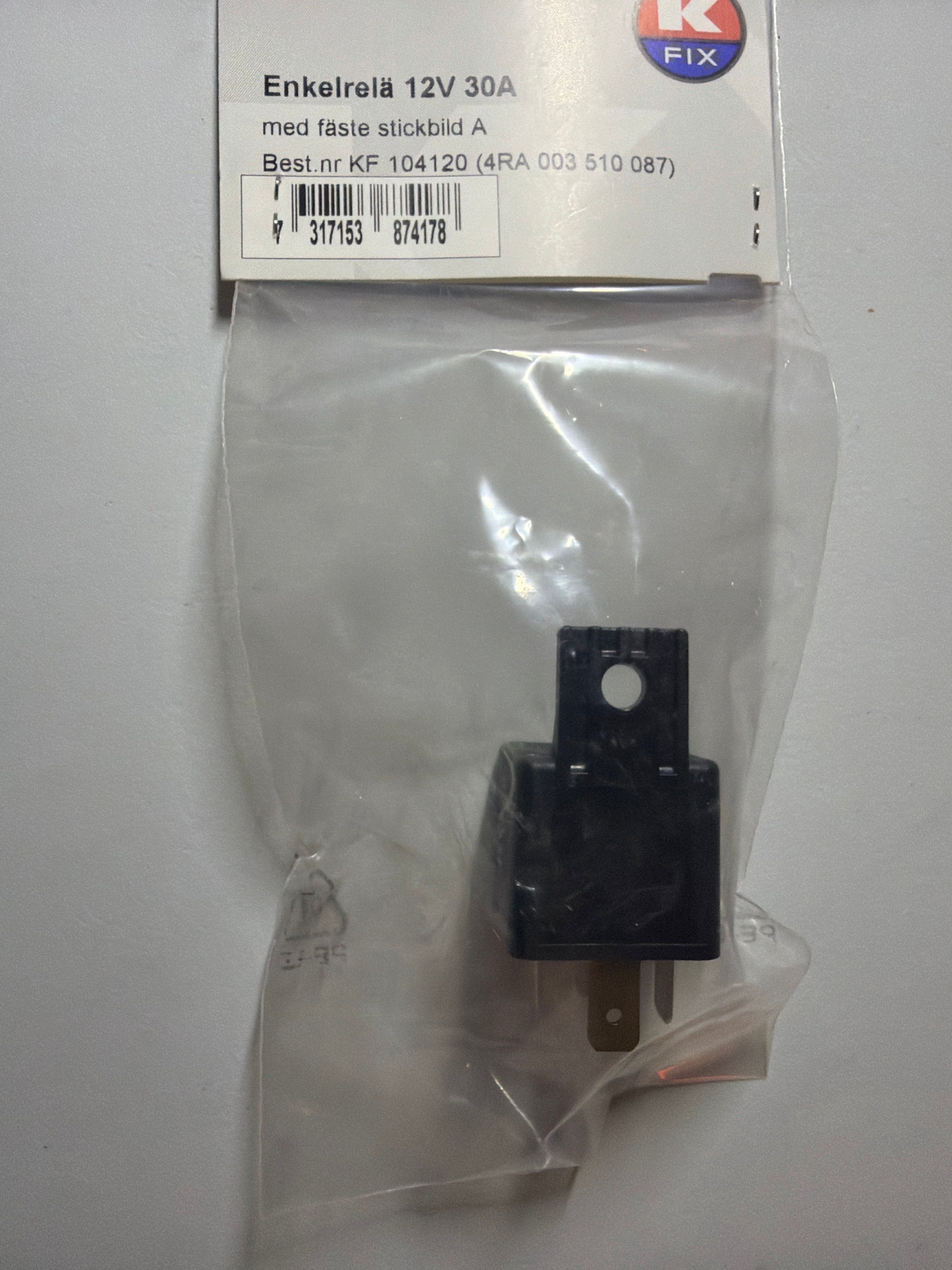 K FIX Enkelrelæ 12V 30A – Med Fast Monteringsflig (Stickben A)