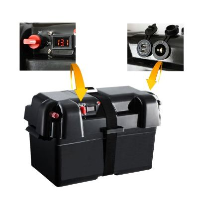 Battery box black with input and output with ammeter and 2 pcs. 12V outlets