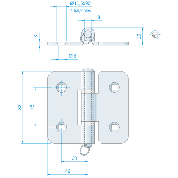 Roca-Scharnier 92x82mm AISI 304