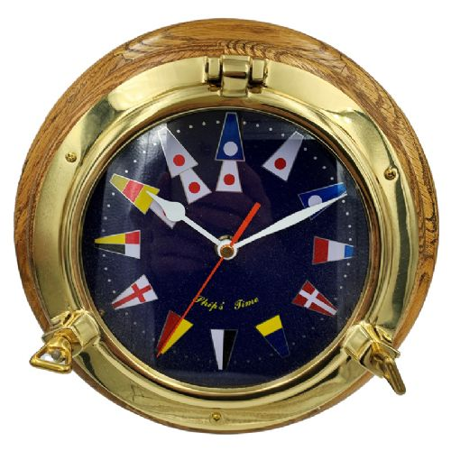 Schiffsuhr mit Flagge auf Teakholzrahmen Messing 152 mm *