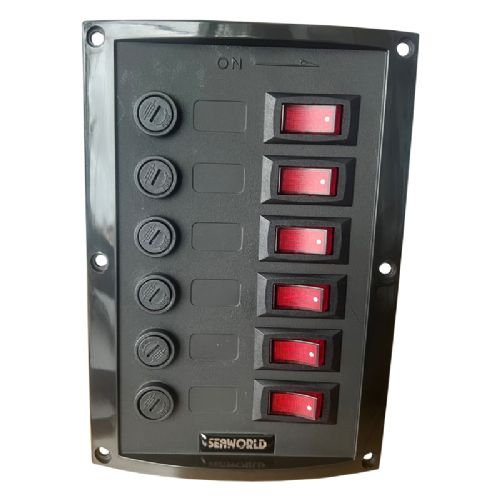 Schalttafel mit 6 Steckdosen vertikal, schwarzer Kunststoff, max. 37 A, 114 x 165 mm