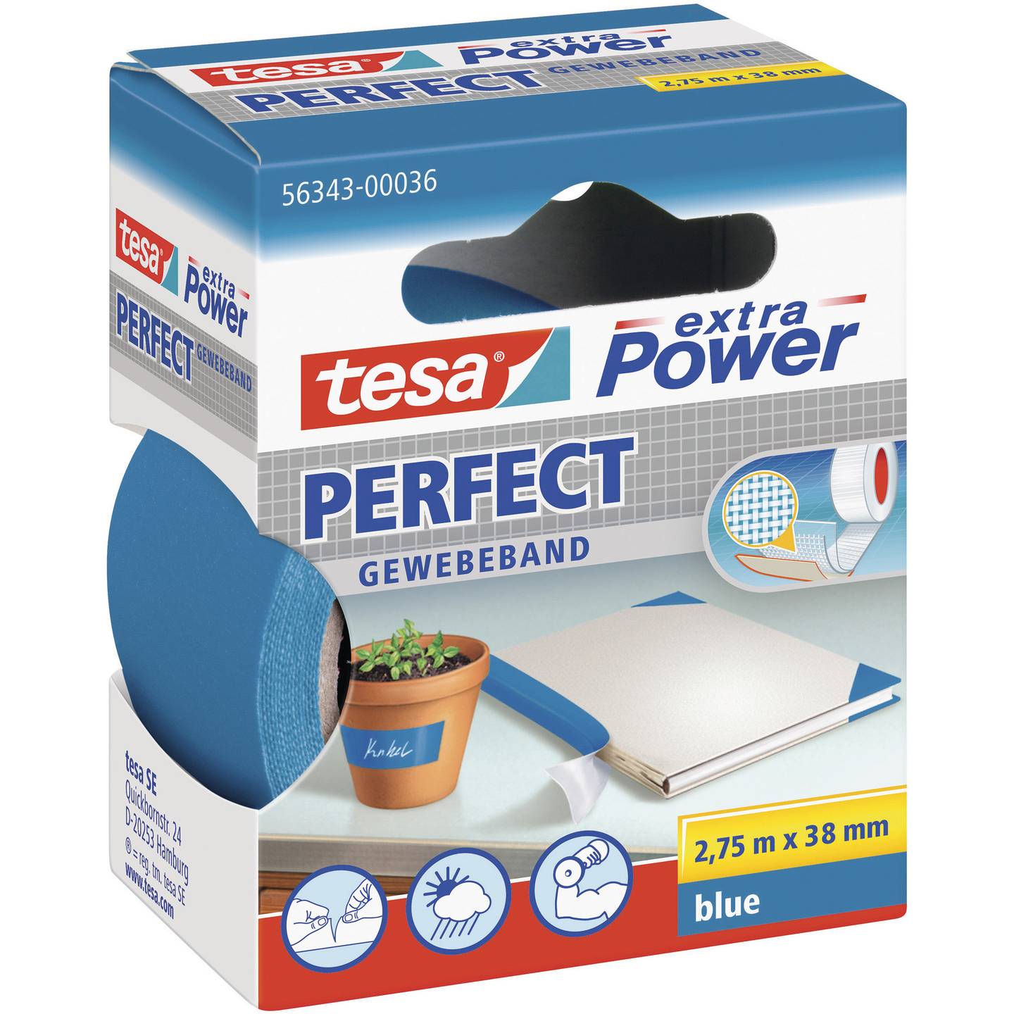 TESA PERFECT Tekstiltape tesa® extra Power BLÅ (L x B) 2.75 m x 38 mm 1 stk