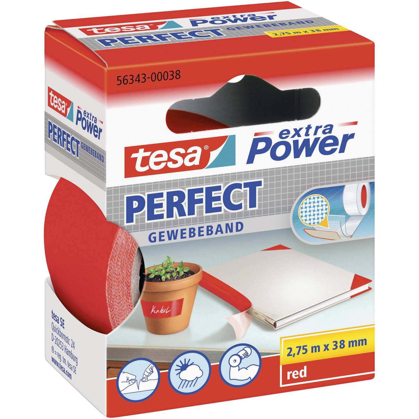 TESA PERFECT Tekstiltape tesa® extra Power rød (L x B) 2.75 m x 38 mm 1 stk