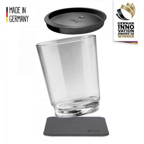 Silwy Kunststoff-Trinkglas mit Untersetzer und Deckel CLASSIC
