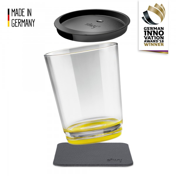 Silwy plastic drinking glass with coaster and lid - yellow