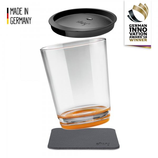 Silwy plastic drinking glass with coaster and lid Orange