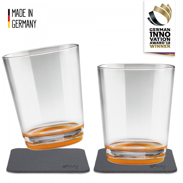 Silwy Kunststoff-Trinkglas Orange + Nano-Gel-Pads Untersetzer 2er-Pack