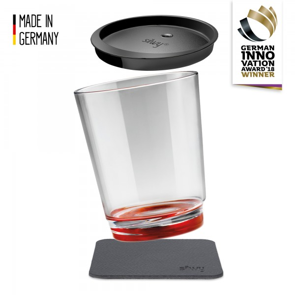 Silwy plastic drinking glass with coaster and lid RED