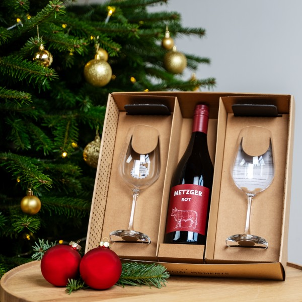 Silwy Geschenkbox mit 2 Weingläsern, 2 Untersetzern und Rotwein