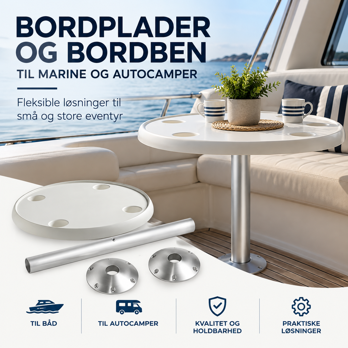 Bordplader og bordben til båd og autocamper