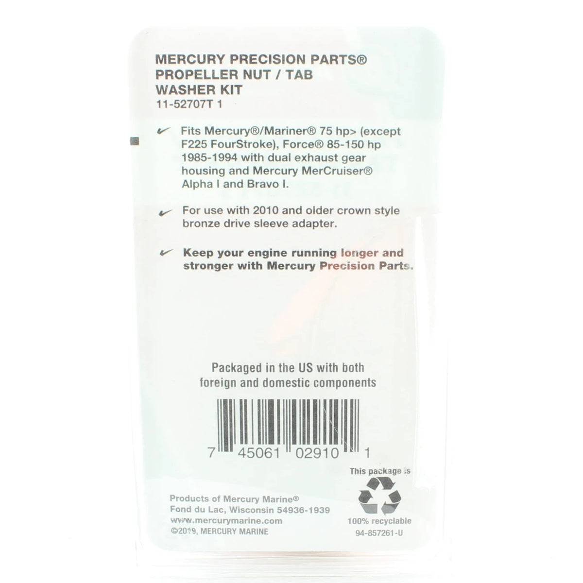 Mercury Marine propellermøtrik- og låseskivesæt 11-52707T1