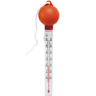 Badethermometer aus Kunststoff mit schwimmender orangefarbener Kugel.