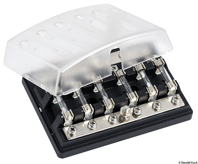Sikringsboks til glassikringer 6,3 × 32 mm, 6 sikringer, med LED-indikator