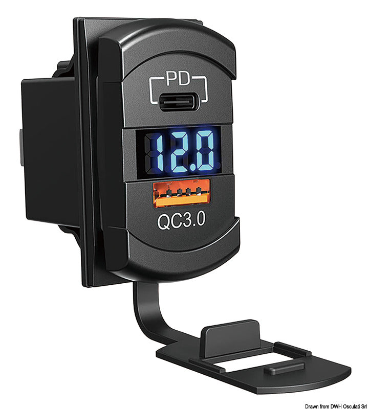 Panelmonteret dobbelt USB-ladeudtag USB-A/USB-C med voltmeter til 12/24 V