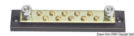 Elektrisk samleskinne med 10 × 4 mm afgreningsterminaler og 2 × 6 mm effektterminaler