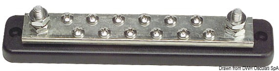 Elektrisk busbar-samleskinne med 12 × 5 mm afgreningsterminaler og 2 × 8 mm hovedterminaler, 250 A