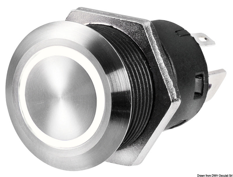 FLAT trykknapafbryder i AISI 316 rustfrit stål, ON-OFF, 12 V/20 A, hvid LED