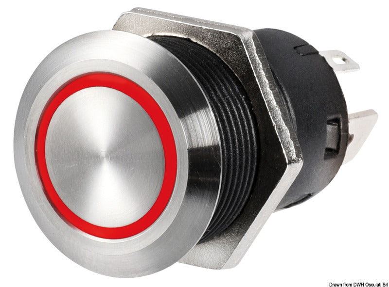 FLAT trykknapafbryder i AISI 316 rustfrit stål, ON-OFF, 12 V/20 A, hvid LED