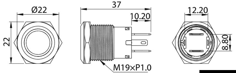 FLAT trykknapafbryder i AISI 316 rustfrit stål, ON-OFF, 12 V/20 A, hvid LED