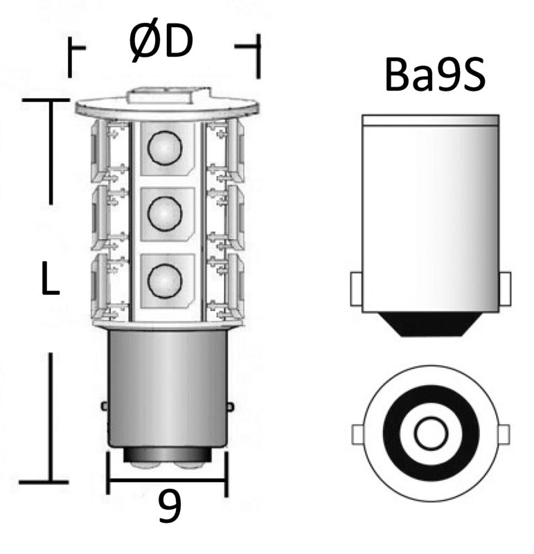 LED-pære med BA9S-sokkel til lamper og navigationslys 12 V 1 W, 100 lm, 3000 K