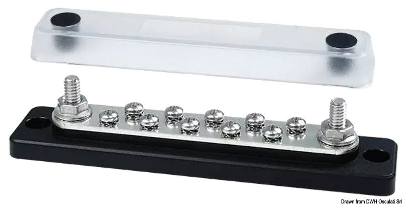 Heavy-duty samleskinne med transparent dæksel – 10 × 4 mm + 2 × 6 mm, 150 A