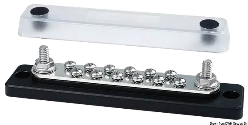 Heavy-duty elektrisk samleskinne med transparent dæksel – 12 × 4 mm + 2 × 6 mm, 150 A