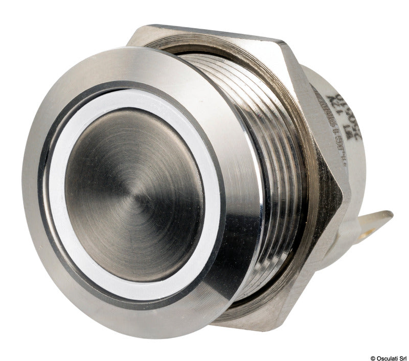FLAT vandalsikker lavprofil-trykknapkontakt, momentant ON-OFF, 12/24 V, 20 A, hvid LED-ring, rustfrit stål