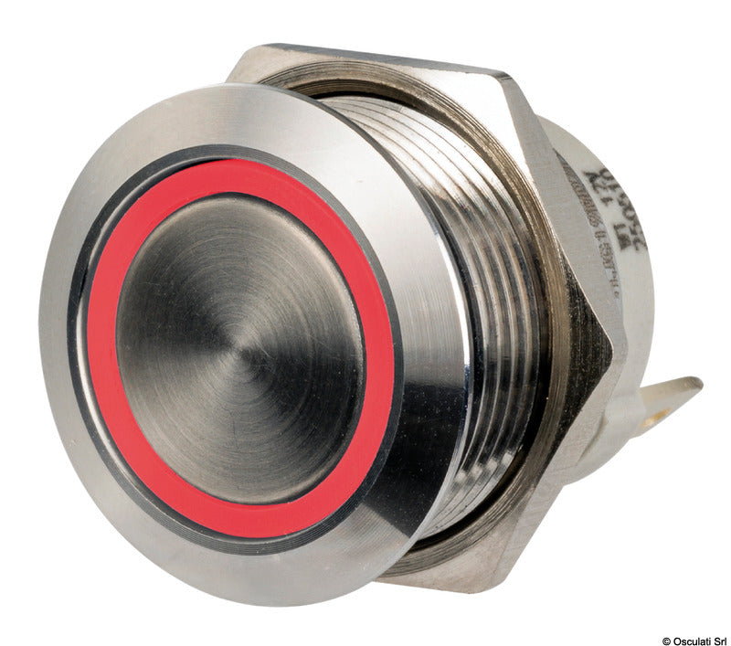 FLAT vandalbestandig lavprofil-trykknapafbryder i AISI 316 rustfrit stål, 12/24 V, 20 A, rød LED