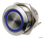 FLAT low-profile push-button switch in AISI 316 stainless steel, ON/OFF, 12/24 V, blue LED, stainless finish