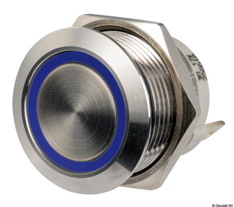 FLAT vandalsikker panelkontakt med momentan (ON)-OFF-funktion, blå LED-ring, 12/24 V, 20 A