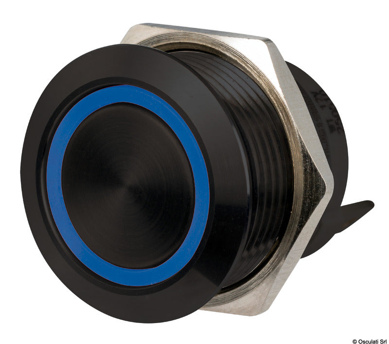 FLAT vandalsikker trykknapkontakt, momentan ON-OFF, 12/24 V, sort PVD, RBW LED