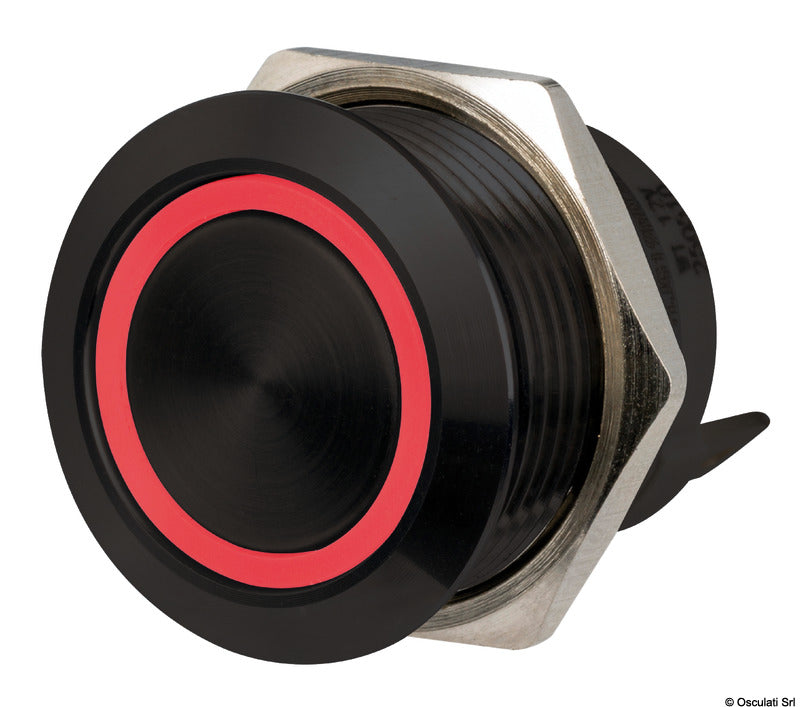FLAT vandalsikker trykknapkontakt, momentan ON-OFF, 12/24 V, sort PVD, RBW LED