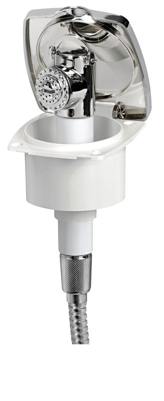New Edge indbygningsbruser med Mizar trykknapbruser, forkromet låge, armeret PVC-slange, 2,5 m