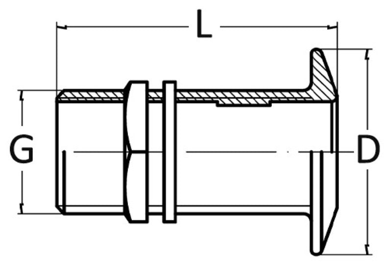 Helgevindet skroggennemføring i messing med udkravet hoved 3/4", 70 mm