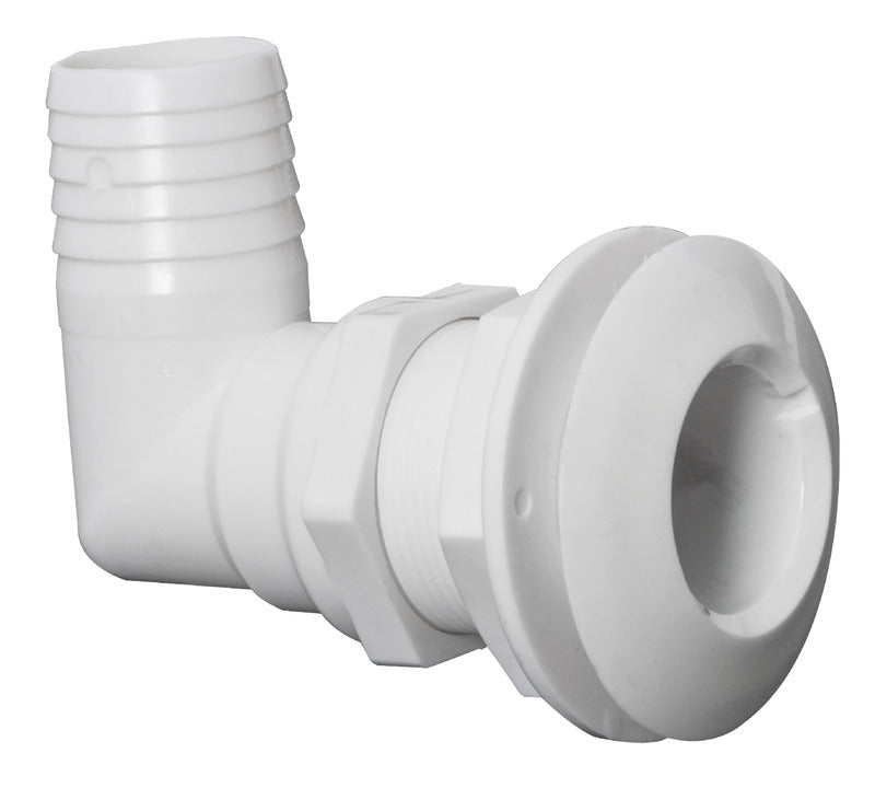90° skroggennemføring i hvid plast med slangestuds 1½" × Ø38 mm