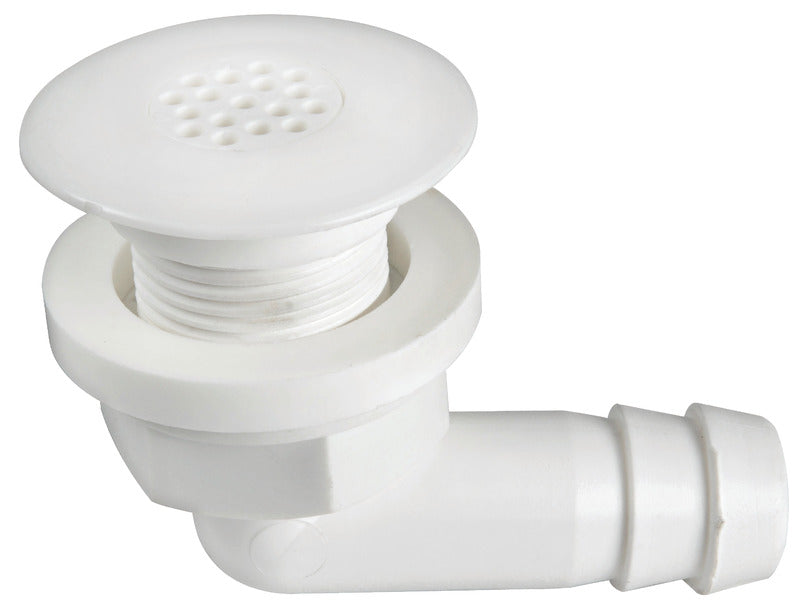 Bruse-/cockpitafløb i hvid nylon med filter og 100° vinkel, 29 mm