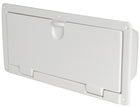 Wall-mounted storage compartment in glossy white ABS with hinged door – 545 × 255 × 116 mm