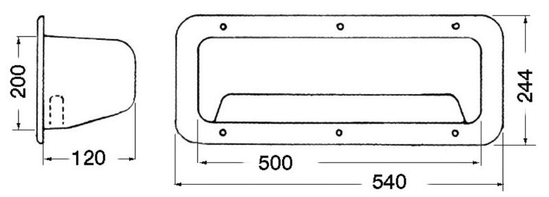 Sidelomme i hvid ABS med fast front, 540 × 244 × 120 mm