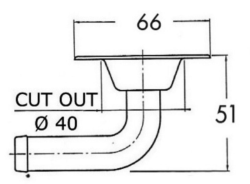Planmonteret 90° brændstoftankudluftning i rustfrit stål – hoved Ø66 mm, slangestuds Ø16 mm, 3 skruer