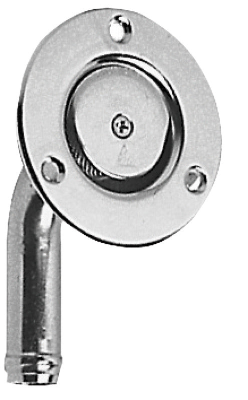 Planmonteret 90° brændstoftankudluftning i rustfrit stål – hoved Ø66 mm, slangestuds Ø16 mm, 3 skruer